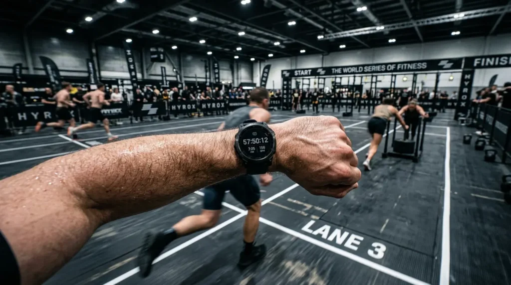 POV HYROX runner checking sports watch showing 57:50:12 during race with motion blur