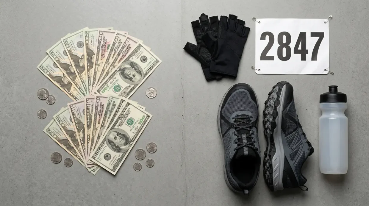 How much does HYROX really cost shown with US dollars next to running shoes grip gloves and a race bib