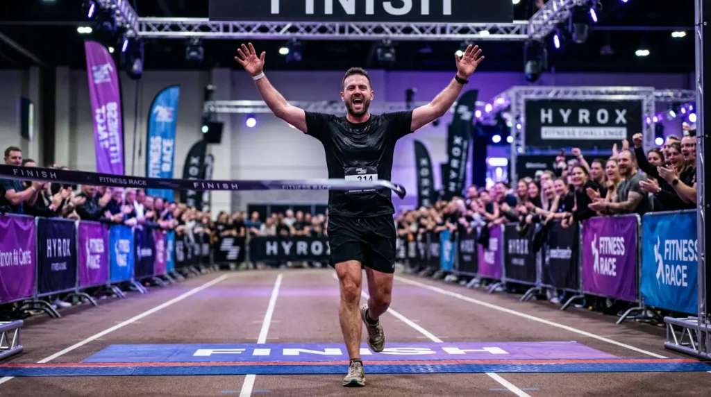 Beginner athlete crossing the finish line at a HYROX race with arms raised in celebration