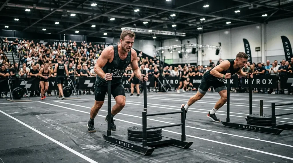 HYROX athlete pushing sled with poor technique compared to efficient athlete, illustrating time loss during competition