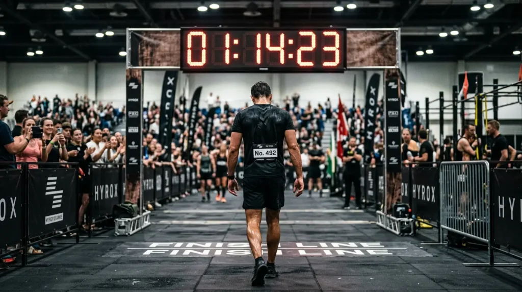 HYROX athlete crossing finish line seen from behind with large digital timer showing 1:14:23 average race time