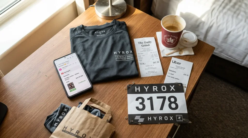Hidden HYROX race weekend costs including race photos, merchandise, coffee, and rideshare receipts on a hotel desk