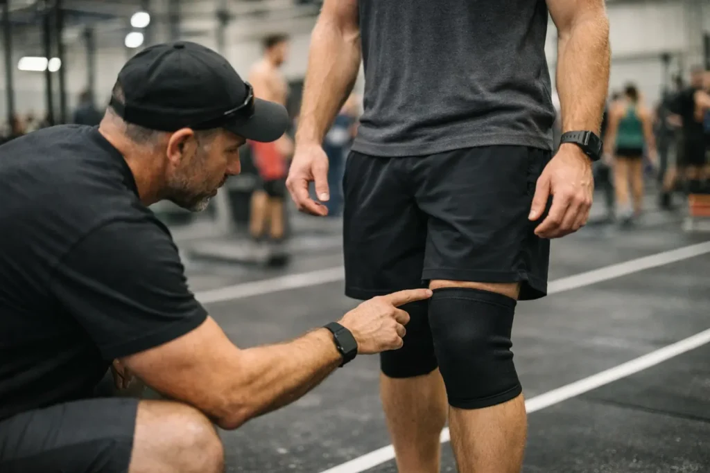HYROX official inspecting knee sleeves before race station