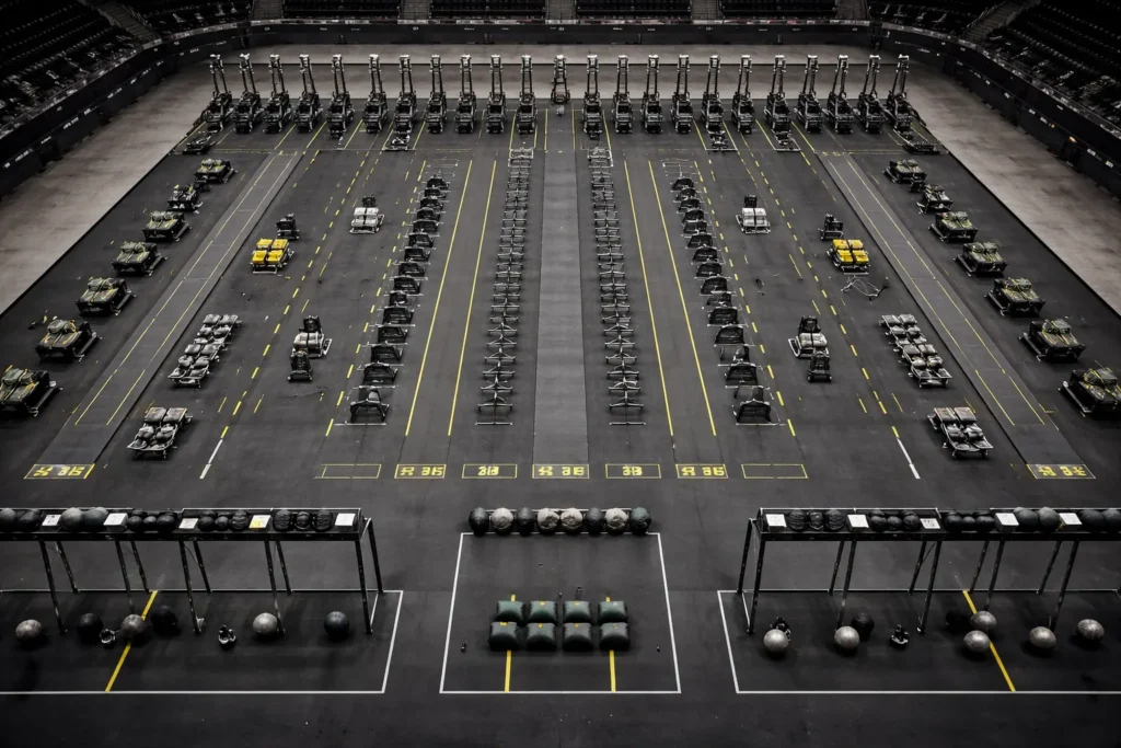 hardest hyrox stations competition floor aerial layout, 