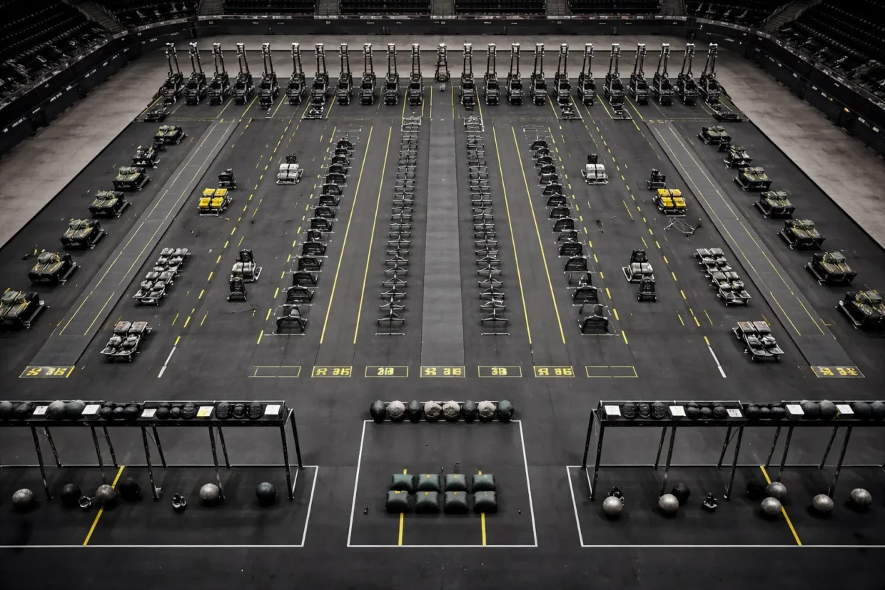 hardest hyrox stations competition floor aerial layout