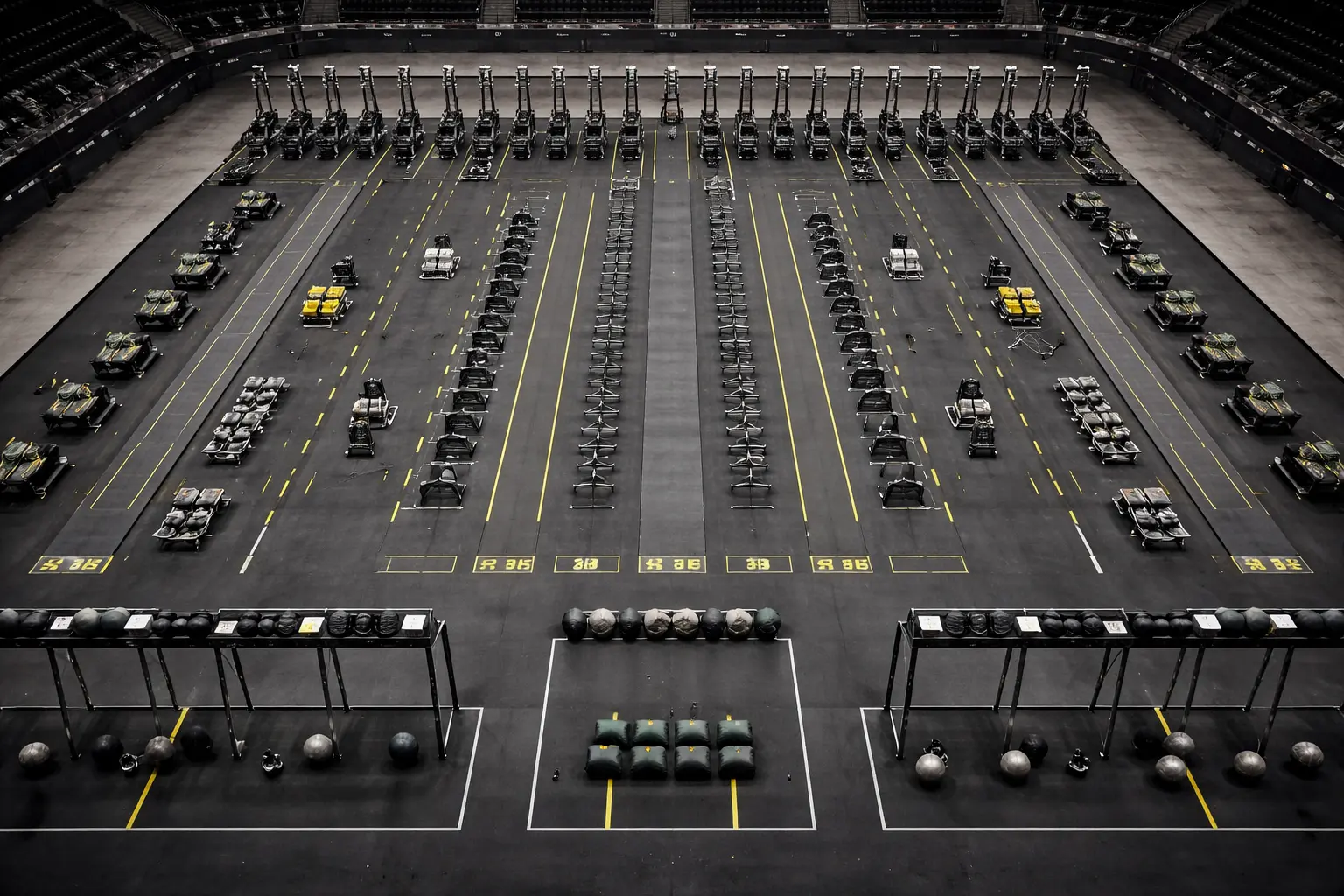 hardest hyrox stations competition floor aerial layout
