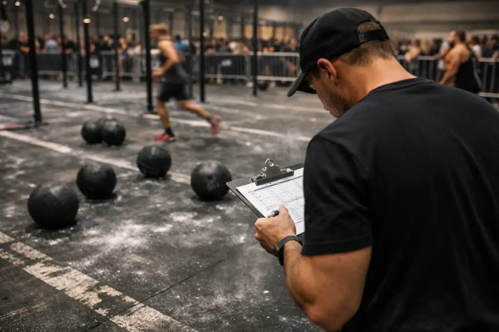 hyrox judge checking race rules during competition