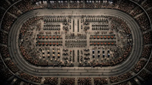 HYROX race arena aerial view showing full indoor competition layout with running track loop and functional fitness stations inside a packed stadium during a HYROX event