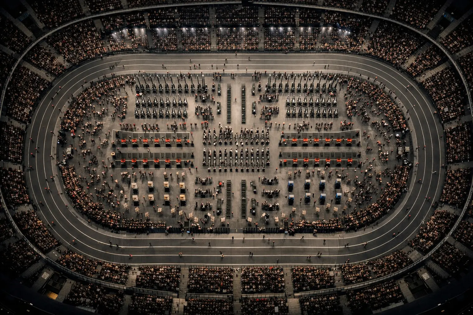 HYROX race arena aerial view showing full indoor competition layout with running track loop and functional fitness stations inside a packed stadium during a HYROX event