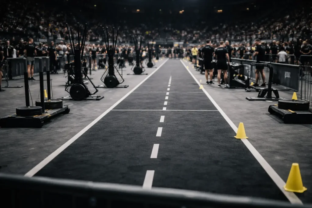 HYROX US race maps 2026 indoor race course layout inside HYROX competition arena