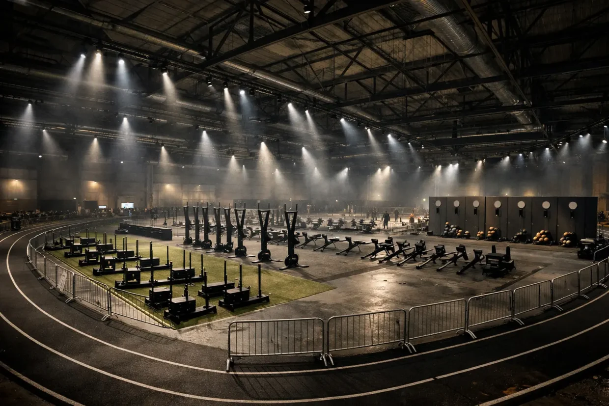 HYROX UK race maps 2026 indoor arena venue layout with running course Roxzone and workout stations
