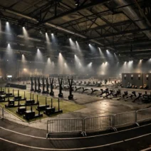 HYROX UK race maps 2026 indoor arena venue layout with running course Roxzone and workout stations