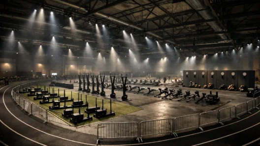 HYROX UK race maps 2026 indoor arena venue layout with running course Roxzone and workout stations