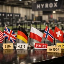 HYROX prices by country comparison with international flags and realistic race ticket prices in fitness event arena