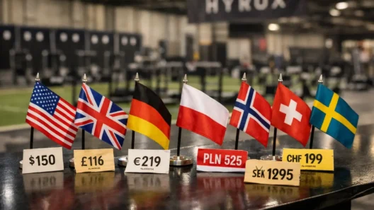 HYROX prices by country comparison with international flags and realistic race ticket prices in fitness event arena