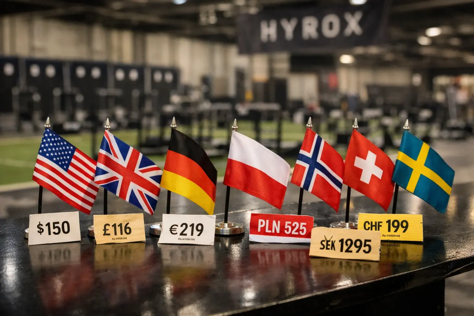 HYROX prices by country comparison with international flags and realistic race ticket prices in fitness event arena