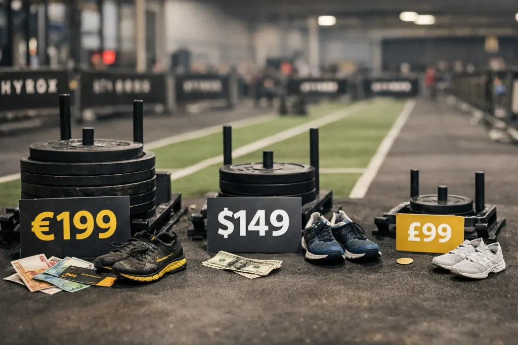 hyrox prices by country comparison showing high vs low race costs with equipment and ticket prices in fitness arena