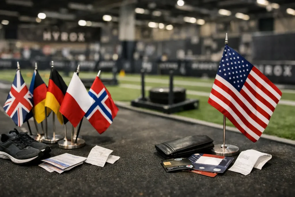 hyrox prices by country comparison between us and europe using flags and realistic race ticket elements in fitness arena