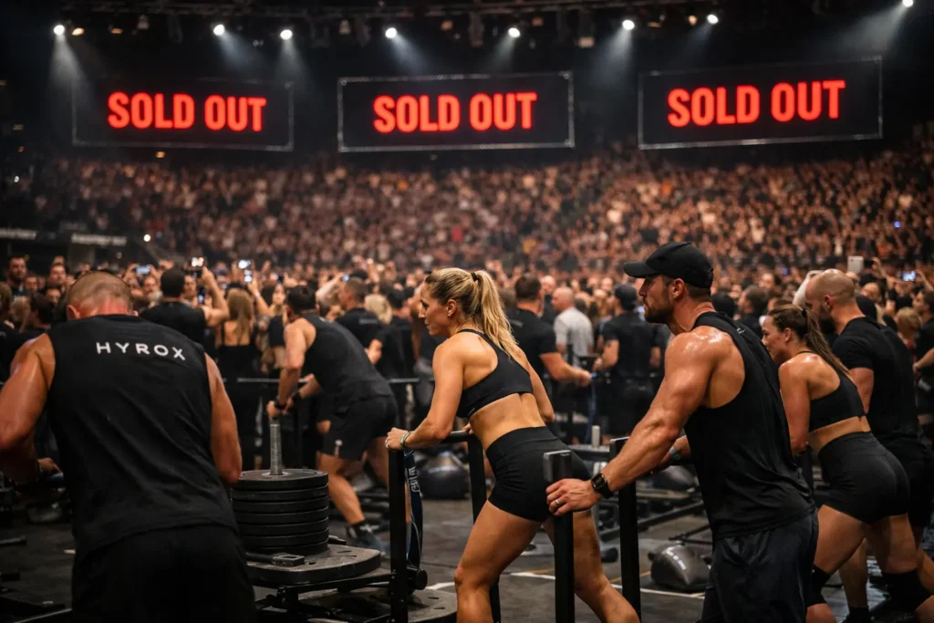 HYROX sold out arena packed crowd athletes competition high demand fitness race event full capacity