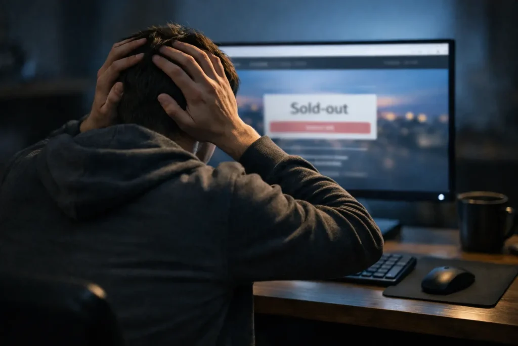 Athlete frustrated in front of sold-out screen trying to buy HYROX London 2026 tickets
