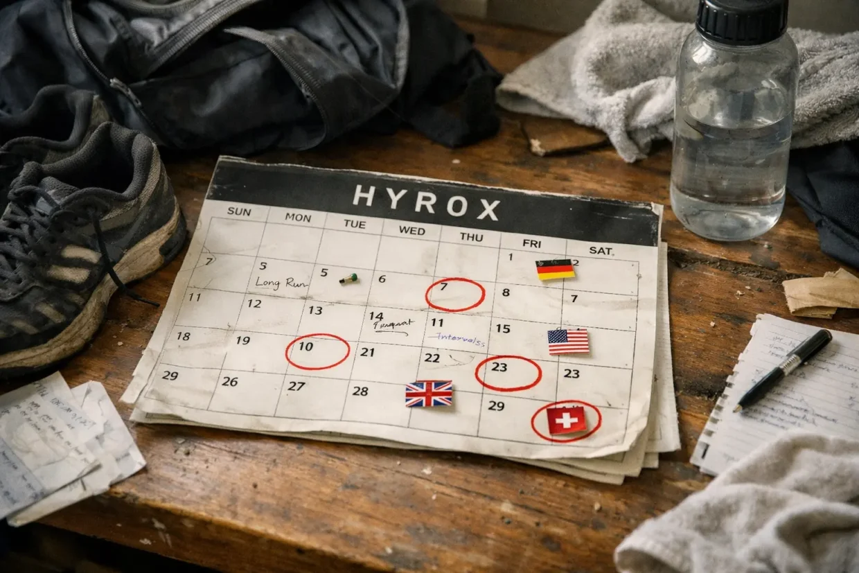 messy desk HYROX calendar with circled dates and country flags athlete planning race schedule realistic scene