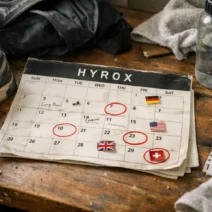 messy desk HYROX calendar with circled dates and country flags athlete planning race schedule realistic scene