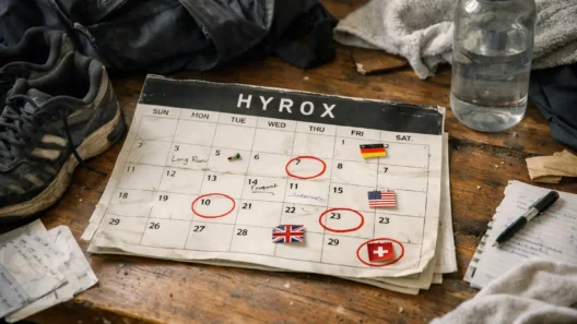 messy desk HYROX calendar with circled dates and country flags athlete planning race schedule realistic scene