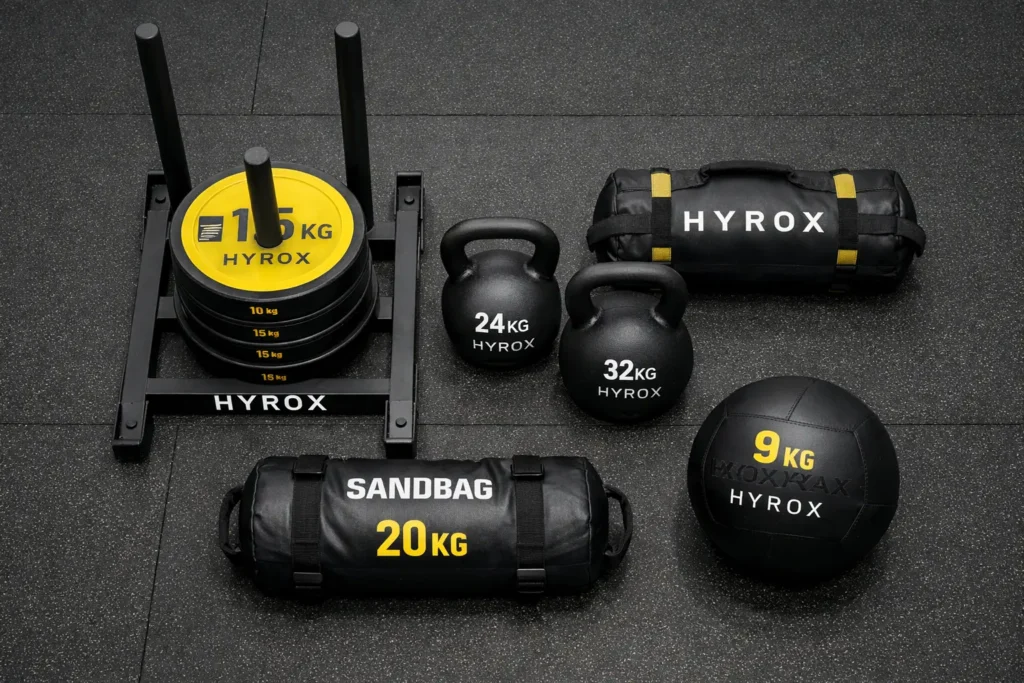 hyrox weights equipment sled kettlebells sandbag wall ball stations