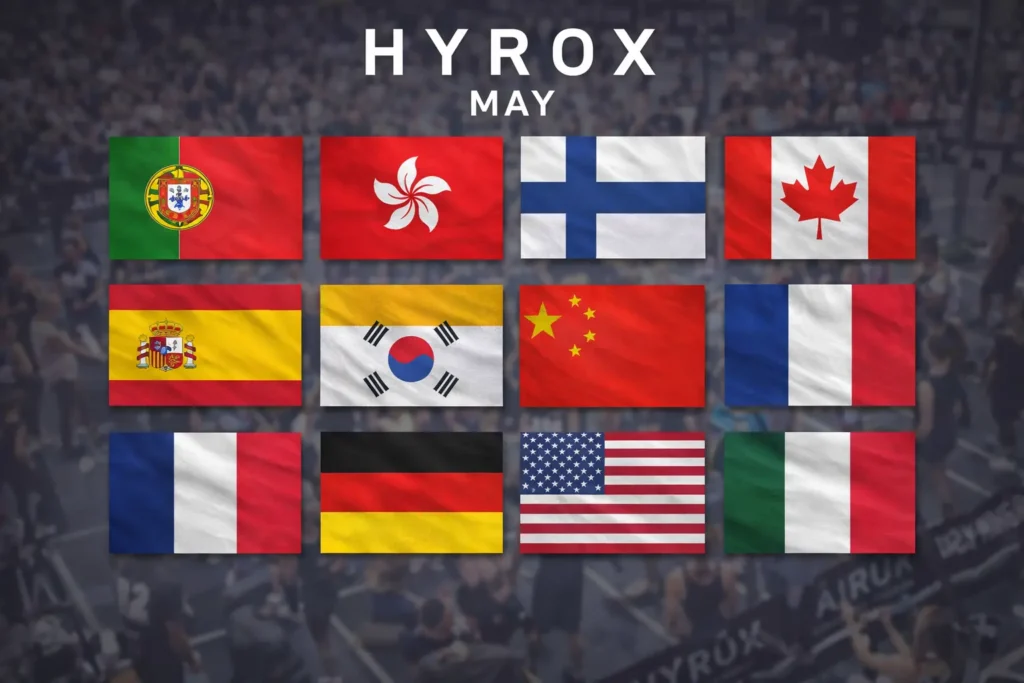 HYROX May 2026 race countries flags with blurred HYROX competition background and global event calendar overview