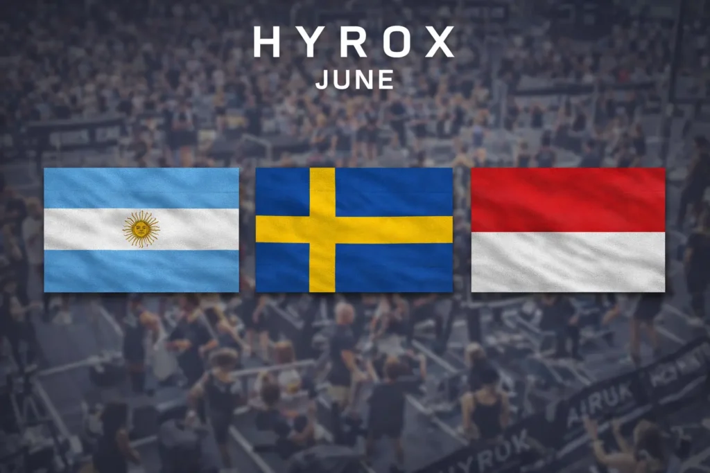 HYROX June 2026 race countries flags Argentina Sweden Indonesia with blurred HYROX competition background and event calendar overview