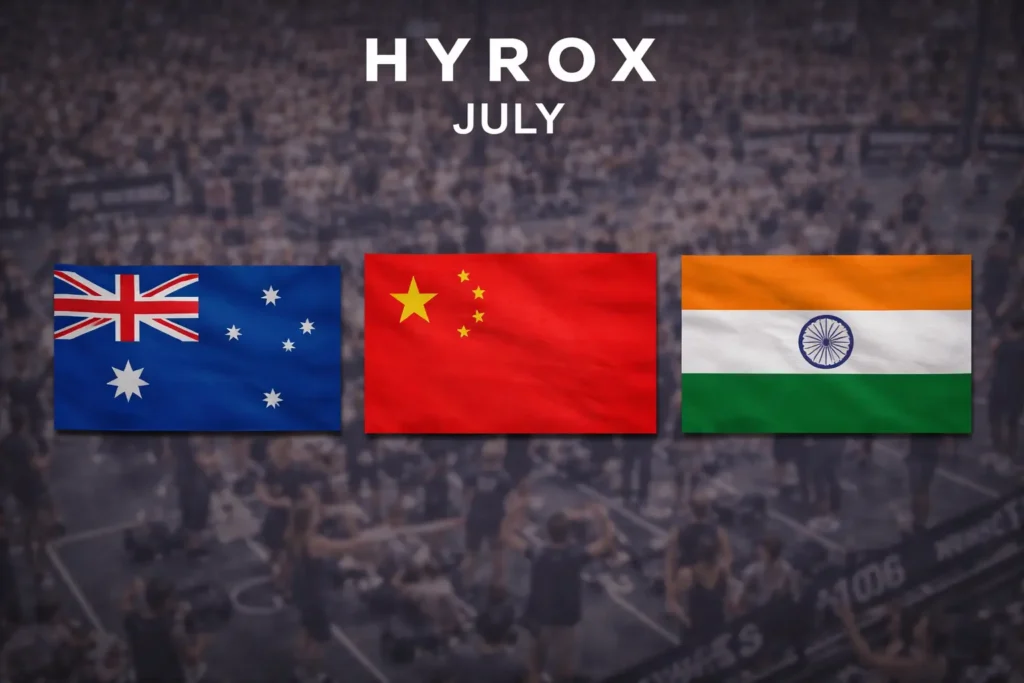HYROX July 2026 race countries flags Australia China India with blurred HYROX competition background and event calendar overview