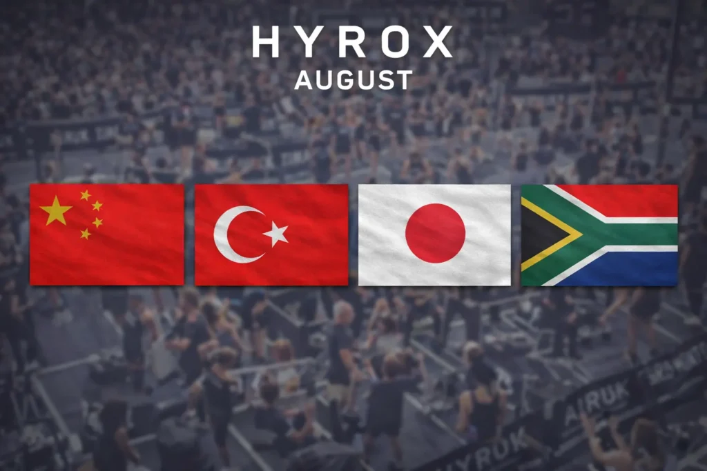 HYROX August 2026 race countries flags China Turkey Japan South Africa with blurred HYROX competition background and event calendar overview