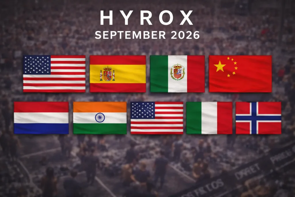 HYROX September 2026 countries flags USA Spain Mexico China Netherlands India Italy Norway with blurred HYROX competition background