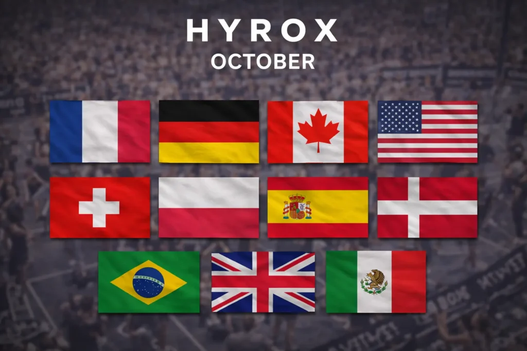HYROX October 2026 race countries flags France Germany Canada USA Switzerland Poland Spain Brazil UK Mexico China with blurred HYROX competition background