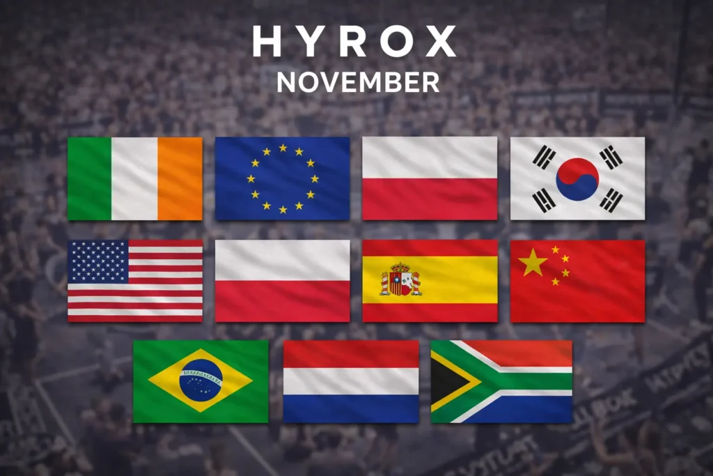 HYROX November 2026 race countries flags Ireland Germany Spain USA South Korea Poland China Brazil Netherlands South Africa with blurred HYROX competition background