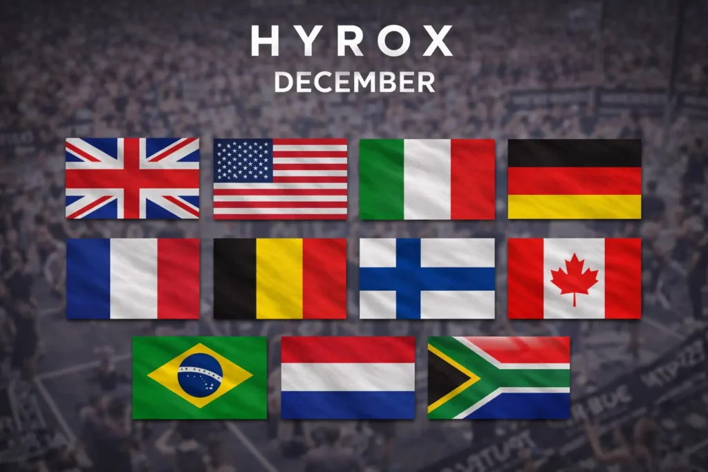 HYROX December 2026 race countries flags UK USA Italy Germany France Belgium Finland Canada Brazil Netherlands South Africa with blurred HYROX competition background