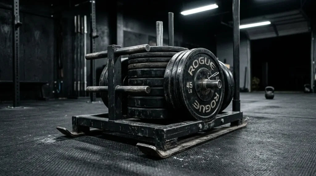 hyrox weights sled heavy plates gym training fatigue