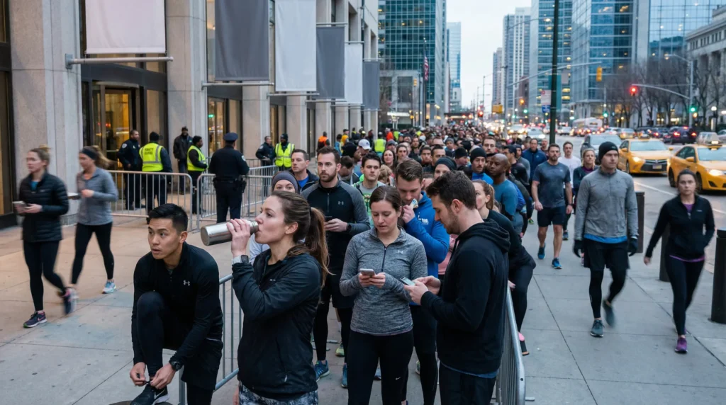 high demand HYROX event crowd waiting outside venue showing ticket scarcity and competition