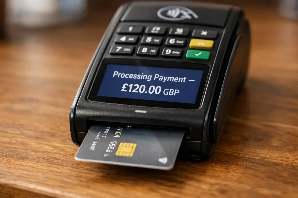 Card payment terminal showing £120 GBP — the real Hyrox cost in the uk starts with the registration fee