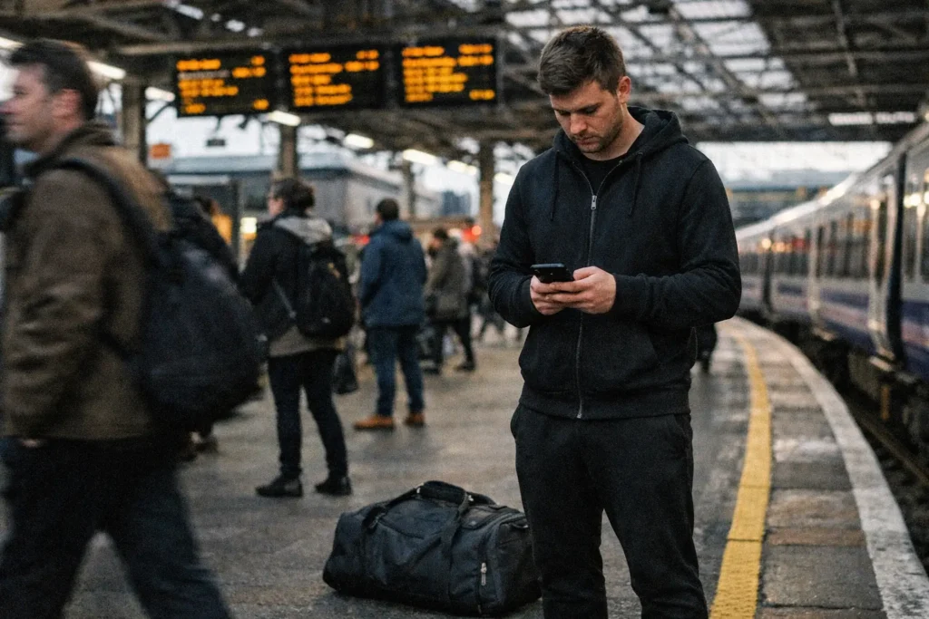 HYROX cost UK travel expenses — athlete with gym bag on UK train platform heading to race weekend