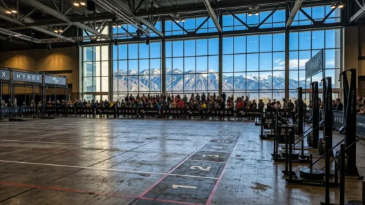 HYROX Salt Lake City 2026 race arena floor with Wasatch Mountains visible through venue windows