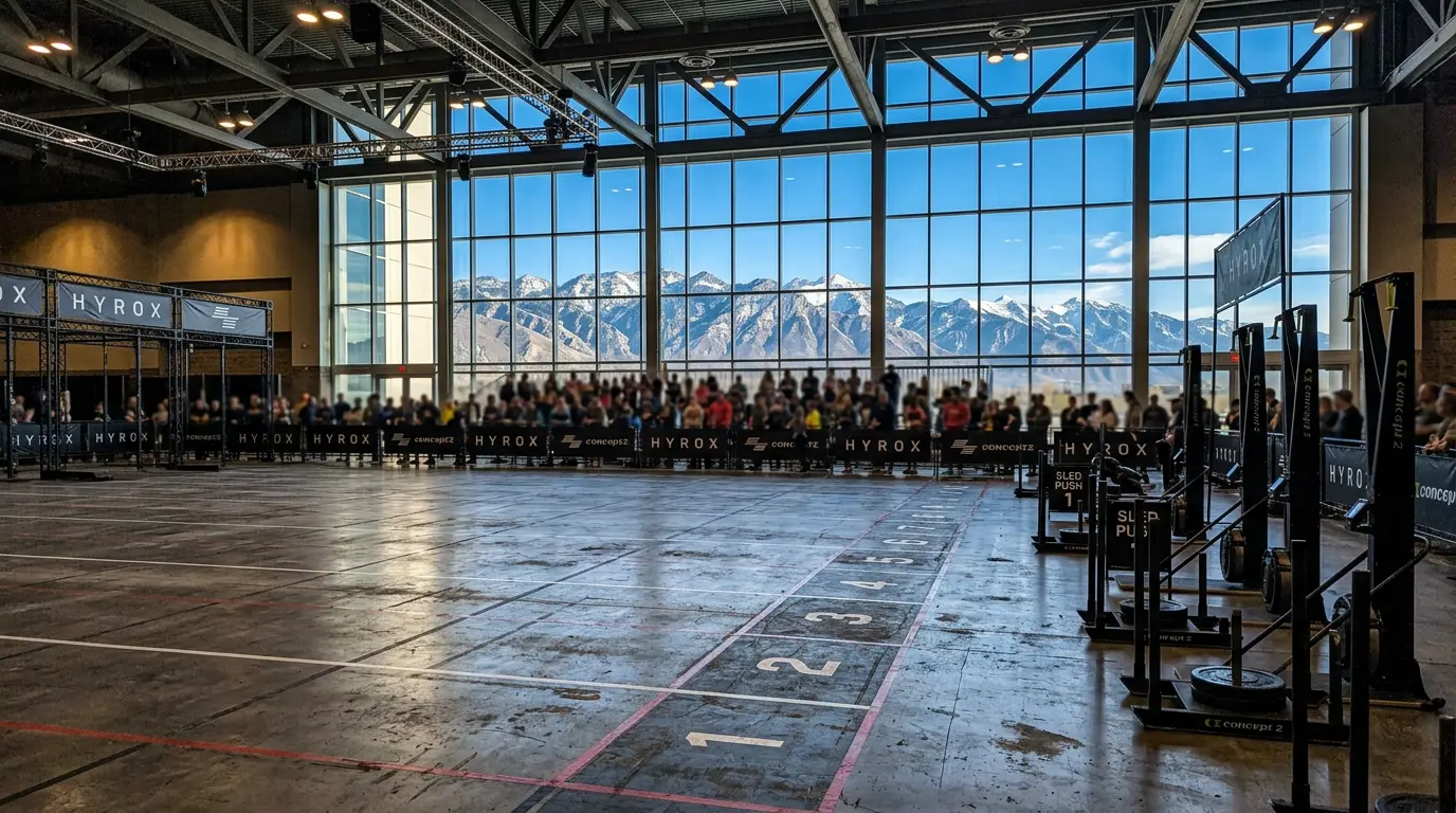 HYROX Salt Lake City 2026 race arena floor with Wasatch Mountains visible through venue windows