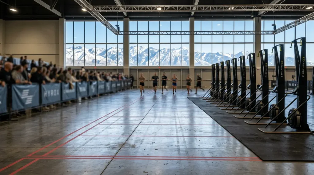 HYROX Salt Lake City 2026 full arena floor with Wasatch Mountains backdrop and race day crowd
