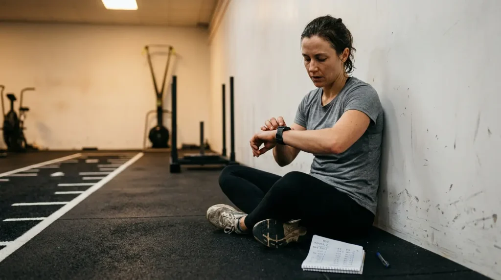 HYROX athlete checking her GPS watch after training — calculating how long HYROX takes based on running pace and station time