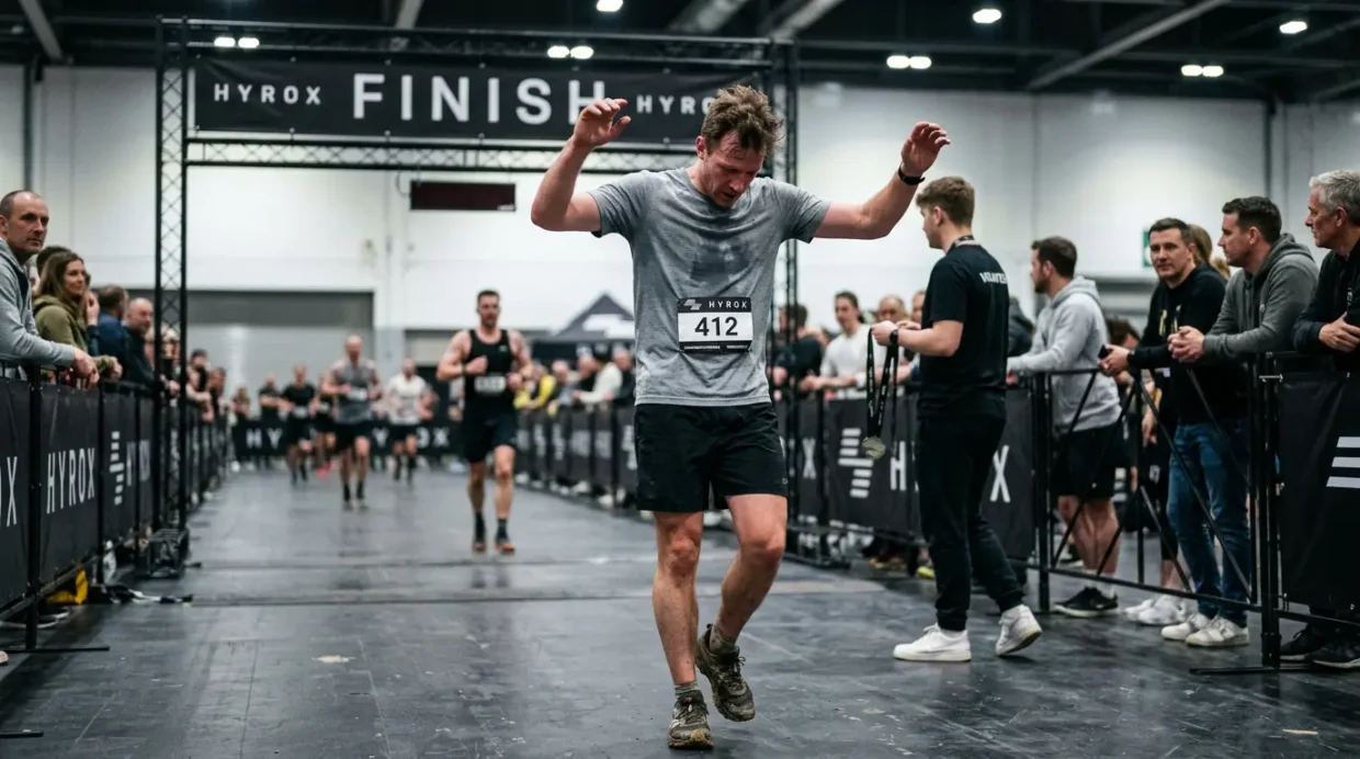 HYROX athlete at the finish line — average finish time in Open division is 1h15 to 1h35