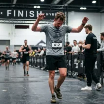 HYROX athlete at the finish line — average finish time in Open division is 1h15 to 1h35
