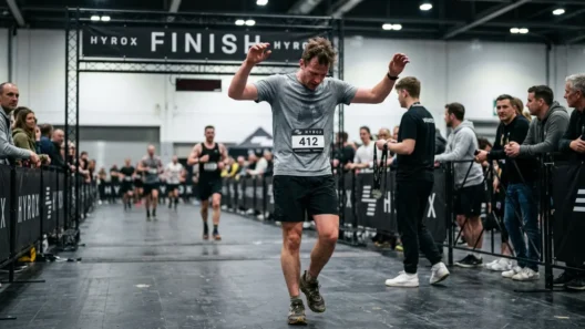 HYROX athlete at the finish line — average finish time in Open division is 1h15 to 1h35