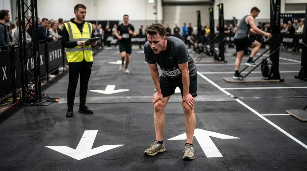 HYROX athlete stopped in transition zone — one of the most common mistakes that adds time to your HYROX race