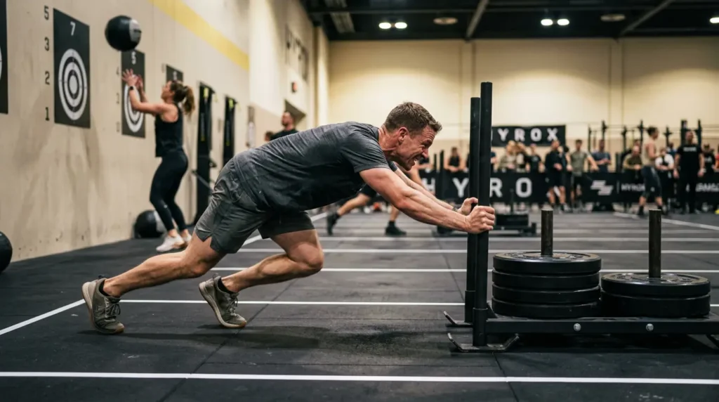 HYROX athlete pushing a heavy sled — sled push and wall balls are the stations that cost the most time in a HYROX race