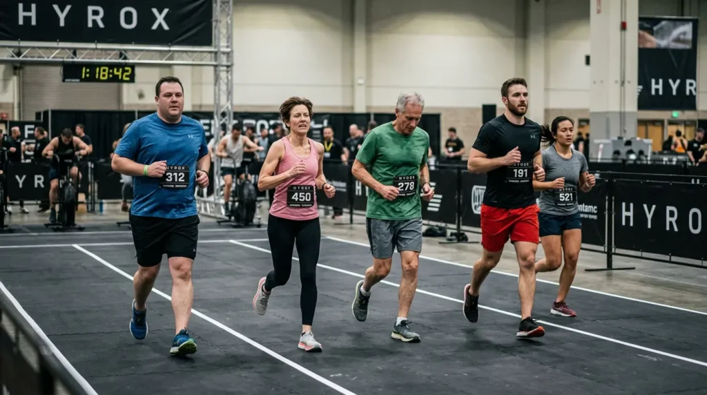 Mixed group of HYROX athletes running during a race — finish times vary widely by division and fitness level